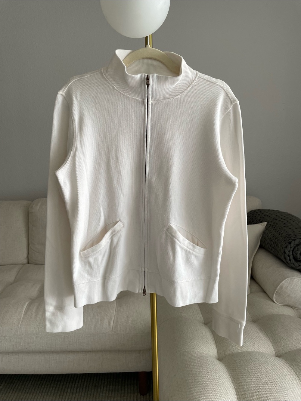 Faconnable Off White Heavy Rib Knit Zip Front Sweater Jacket